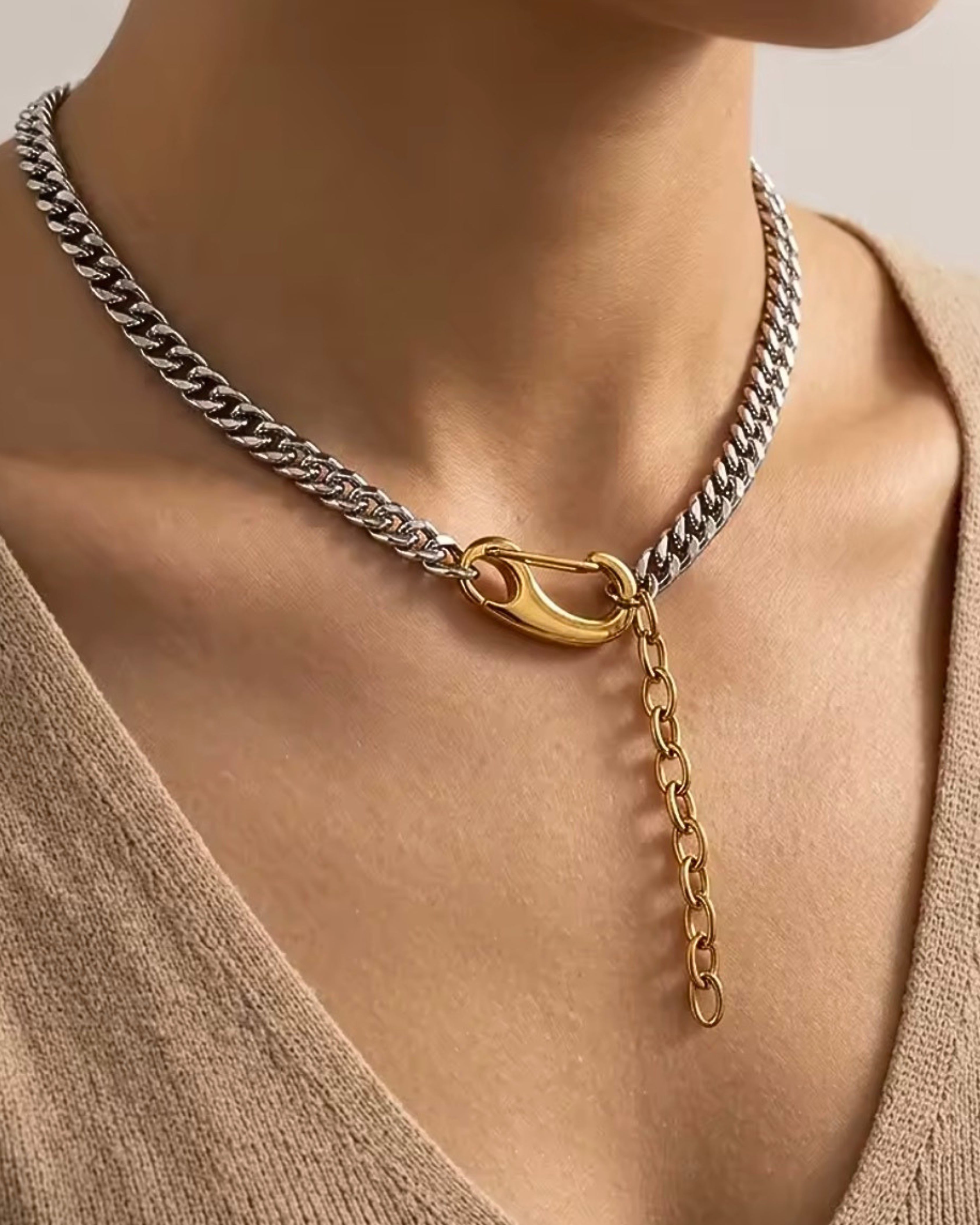 Chunky mixed metal Cuban chain necklace for everyday wear